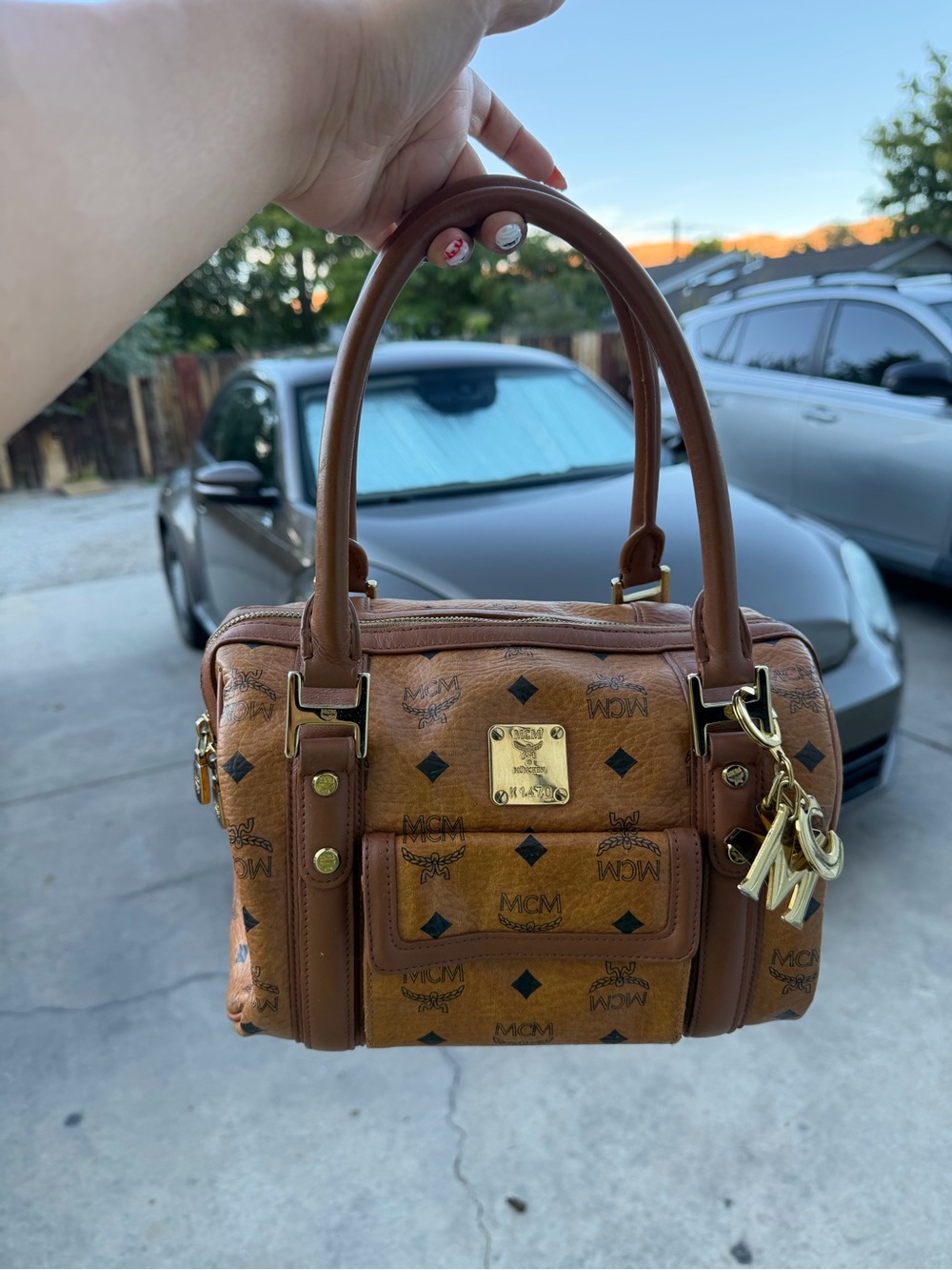 MCM Cognac Visetos Mini Satchel with Gold Hardware and Logo Charm